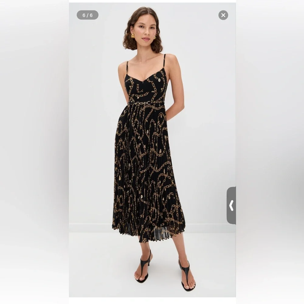 Zimmermann Sunray Pleated Picnic Midi Dress Black Chain-Print Spaghetti Strap 1 - Picture 3 of 16